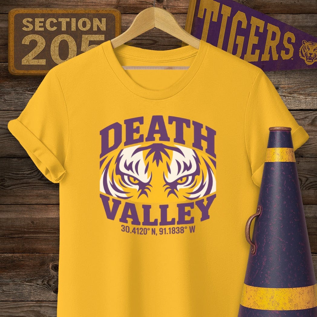 S / Gold Louisiana Death Valley Coordinates Game Day T-Shirt by Laissez Faire Wear