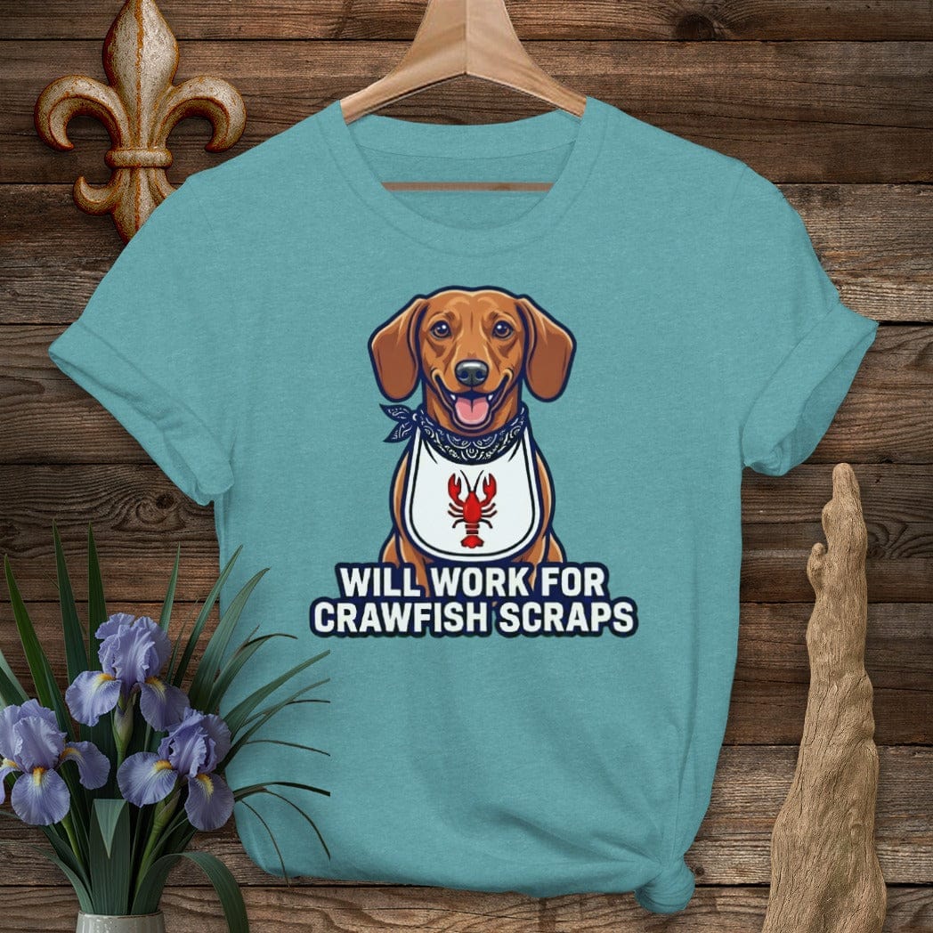 S / Heather Galapagos Blue Louisiana Doxie Crawfish Scraps T-Shirt by Laissez Faire Wear