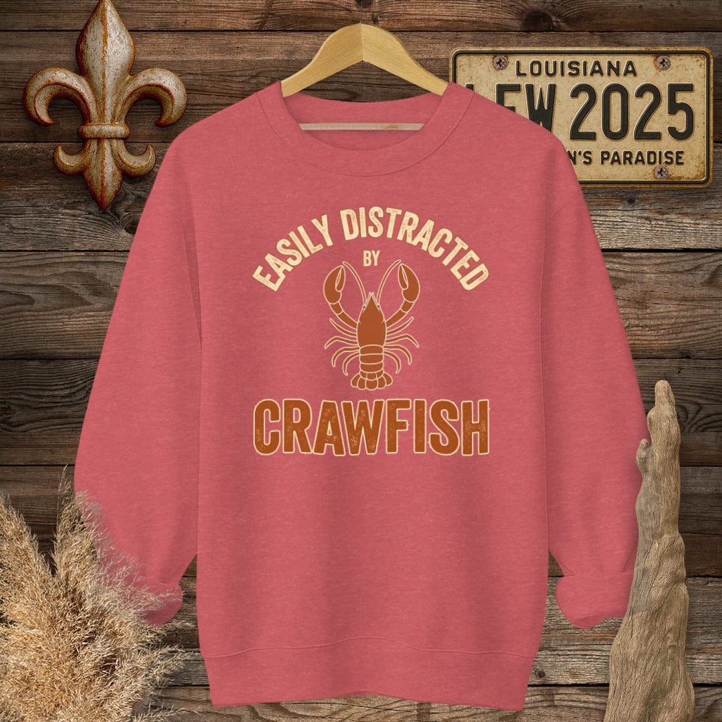 S / Heather Scarlet Red Louisiana Easily Distracted by Crawfish Funny Sweatshirt by Laissez Faire Wear