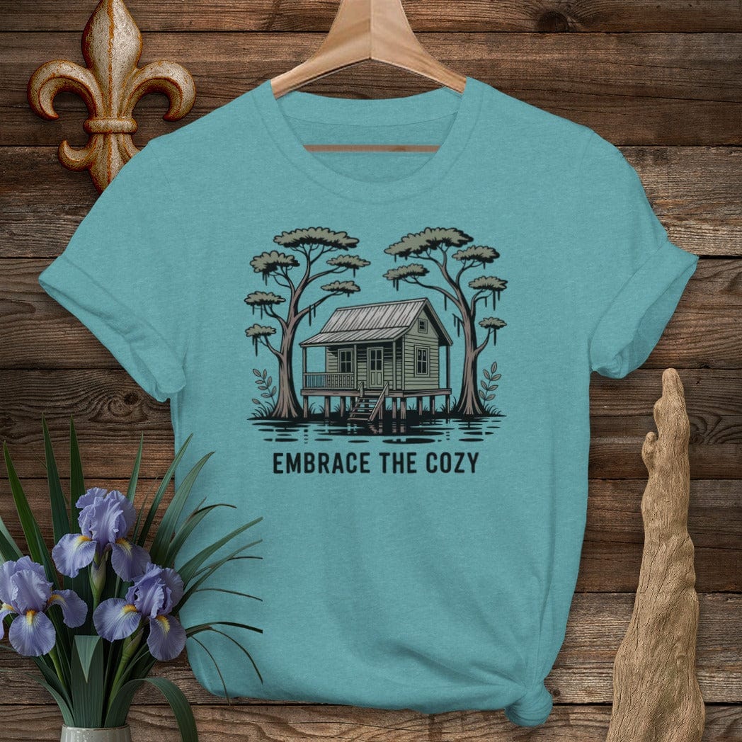 S / Heather Galapagos Blue Louisiana Embrace The Cozy T-Shirt by Laissez Faire Wear