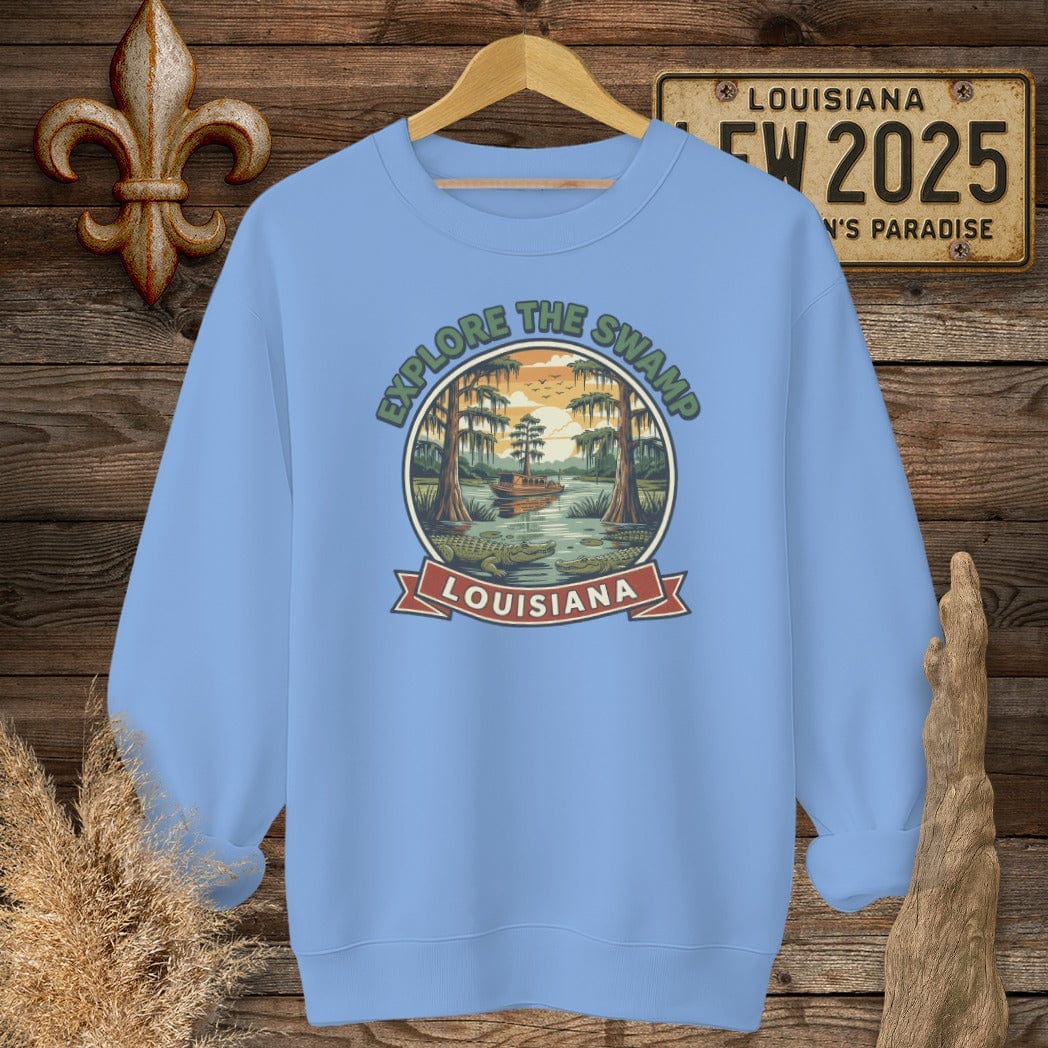 S / Carolina Blue Louisiana Explore the Swamp Sweatshirt by Laissez Faire Wear