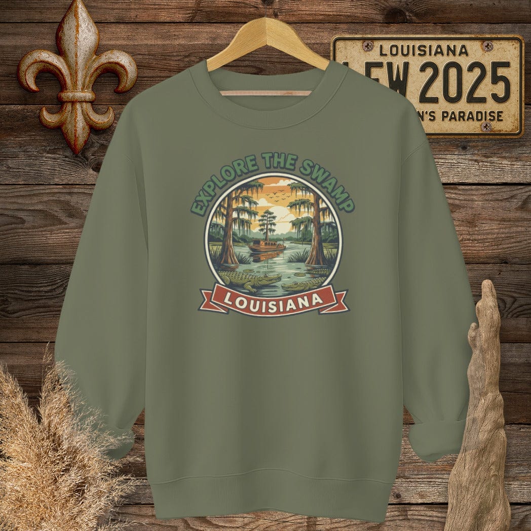 S / Military Green Louisiana Explore the Swamp Sweatshirt by Laissez Faire Wear