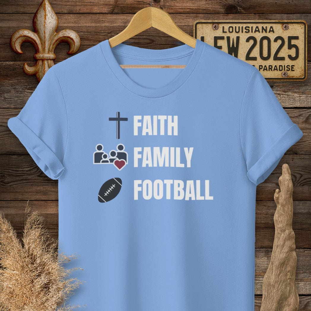 S / Carolina Blue Louisiana Faith, Family, Football T-Shirt by Laissez Faire Wear