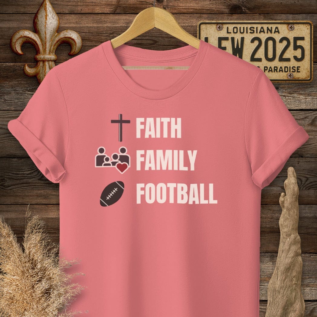 S / Coral Silk Louisiana Faith, Family, Football T-Shirt by Laissez Faire Wear