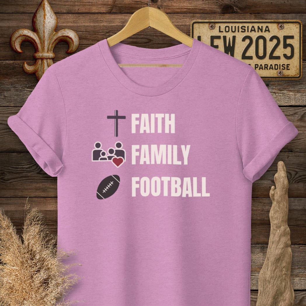 S / Heather Radiant Orchid Louisiana Faith, Family, Football T-Shirt by Laissez Faire Wear