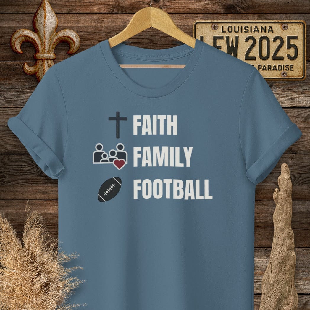 S / Indigo Blue Louisiana Faith, Family, Football T-Shirt by Laissez Faire Wear