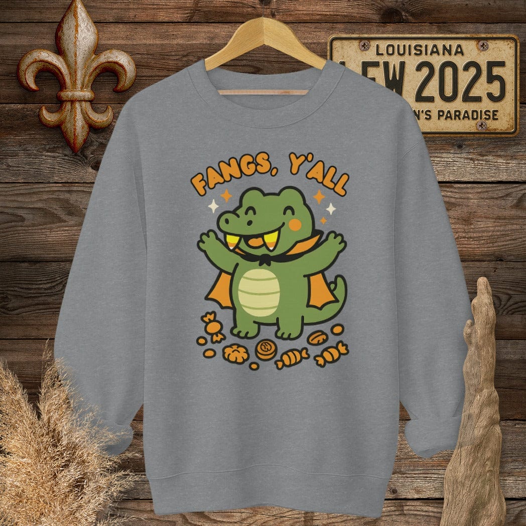 S / Graphite Heather Louisiana Fangs Y'all Halloween Sweatshirt by Laissez Faire Wear