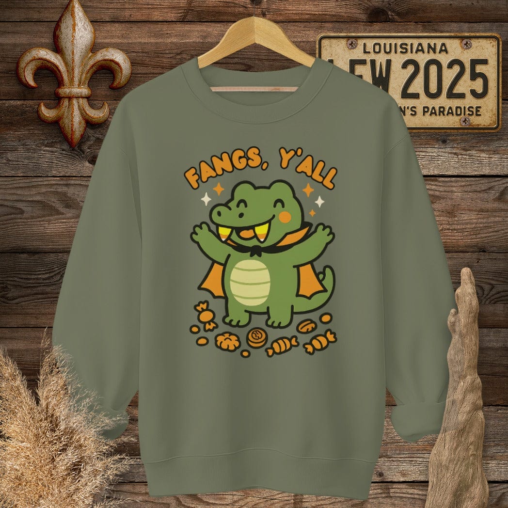 S / Military Green Louisiana Fangs Y'all Halloween Sweatshirt by Laissez Faire Wear