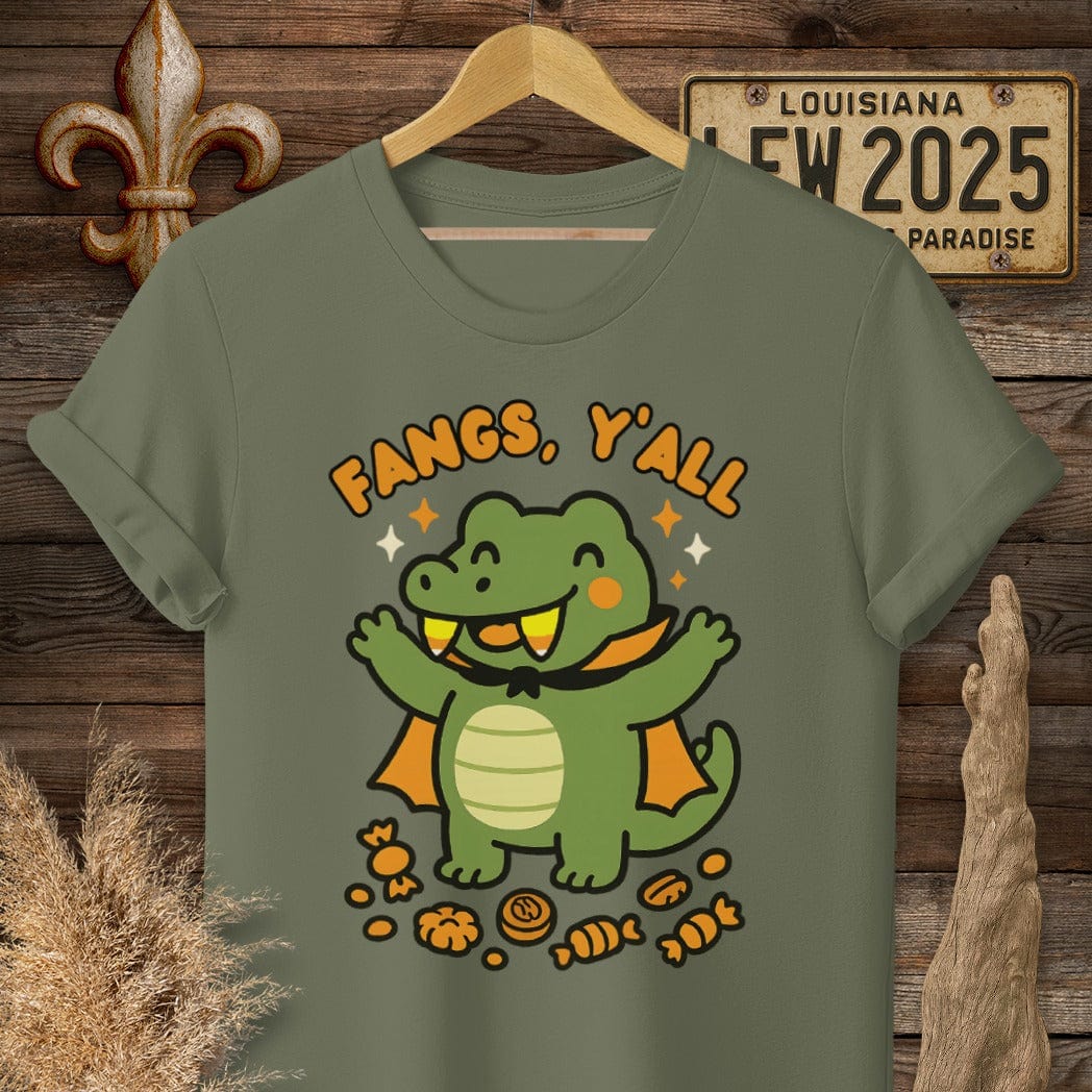 S / Military Green Louisiana Fangs Y'all Halloween T-Shirt by Laissez Faire Wear