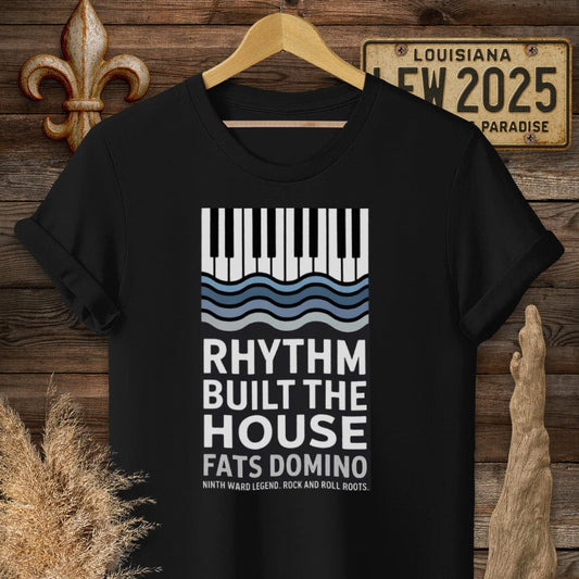 S / Black Louisiana Fats Domino Rhythm Built The House T-Shirt by Laissez Faire Wear