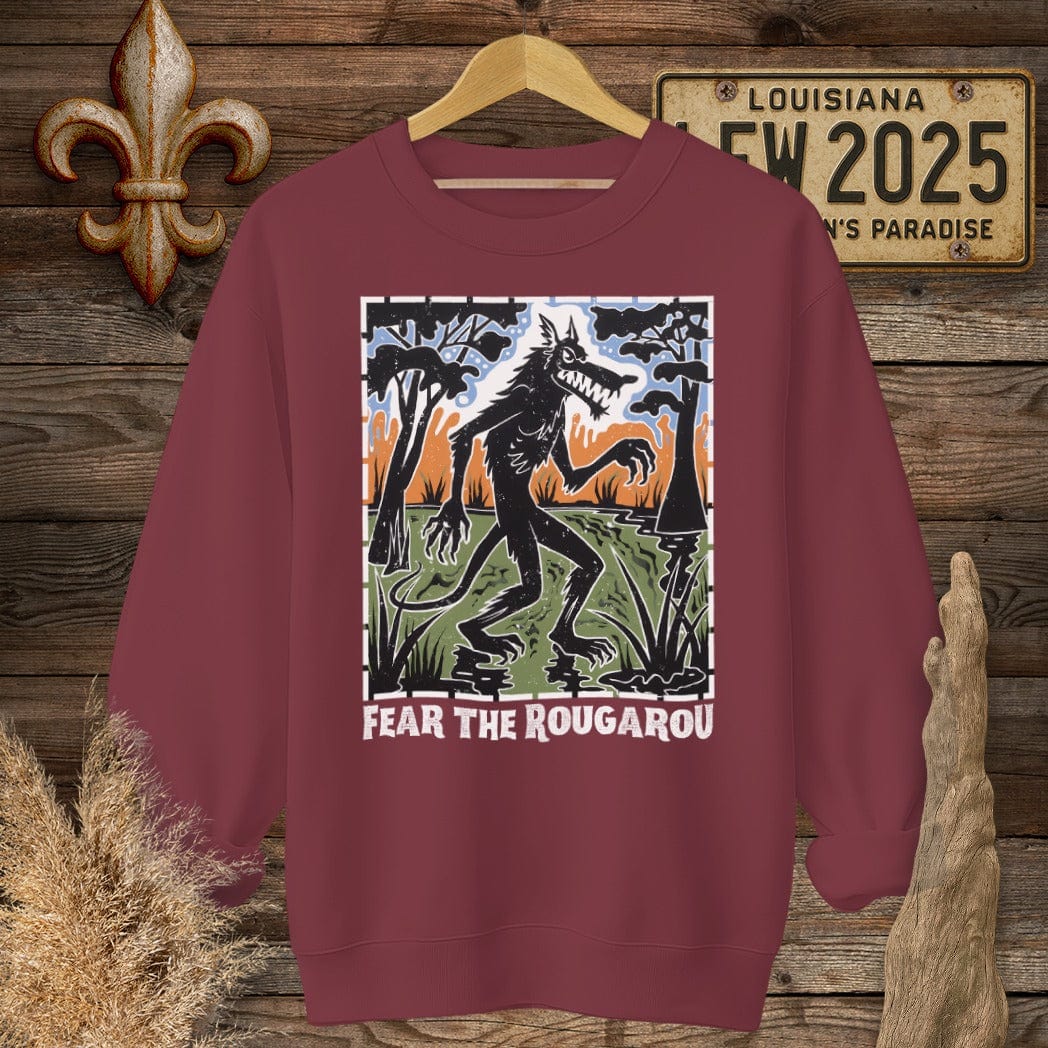 S / Garnet Louisiana Fear the Rougarou Louisiana Art Sweatshirt by Laissez Faire Wear
