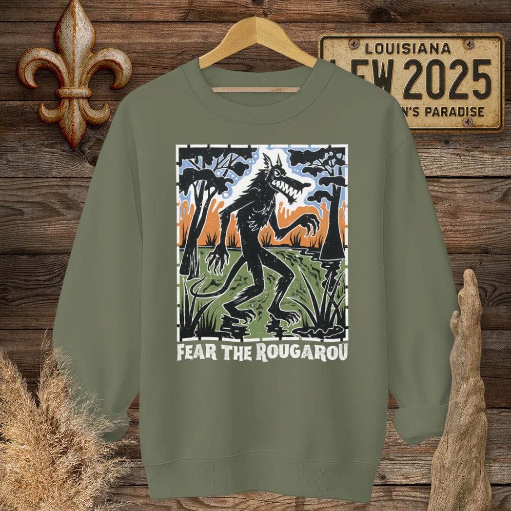 S / Military Green Louisiana Fear the Rougarou Louisiana Art Sweatshirt by Laissez Faire Wear