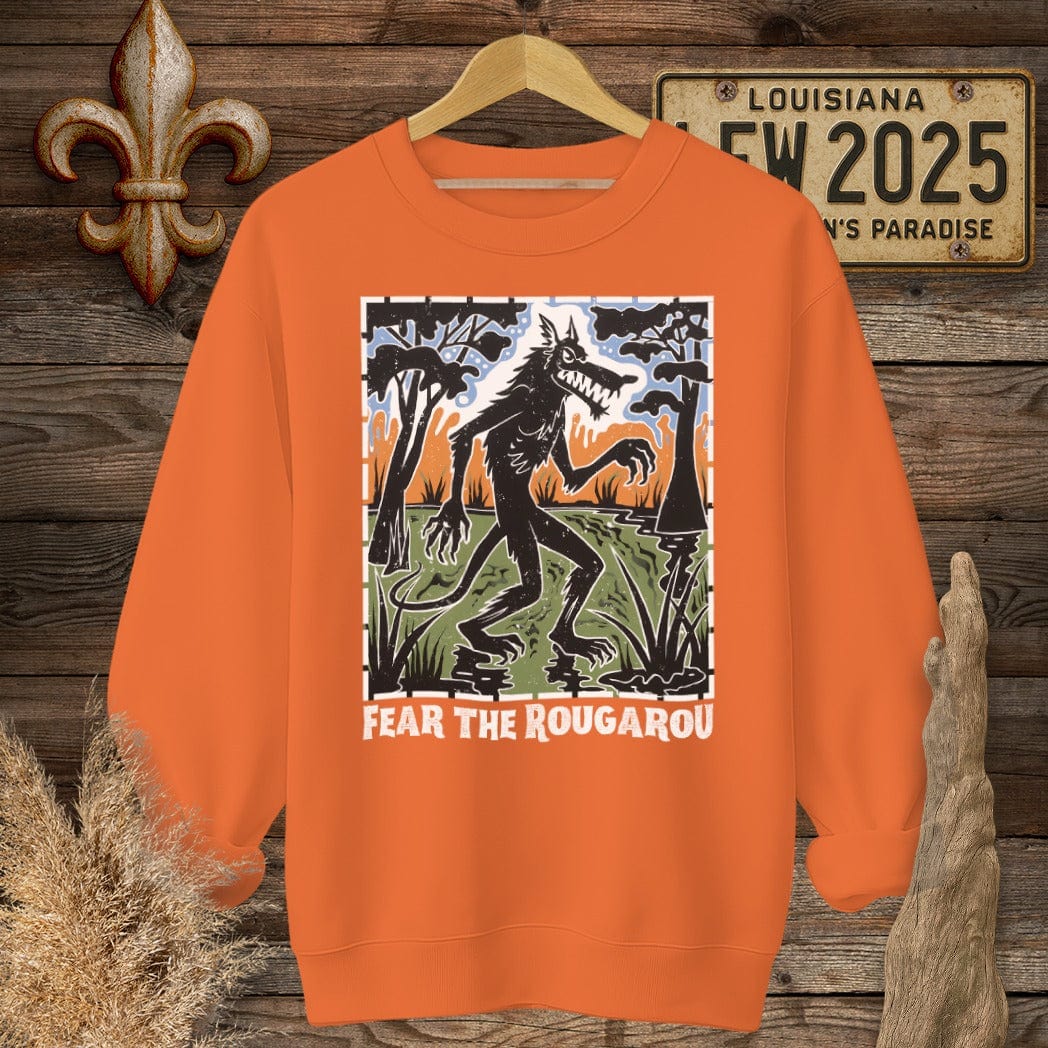 S / Orange Louisiana Fear the Rougarou Louisiana Art Sweatshirt by Laissez Faire Wear