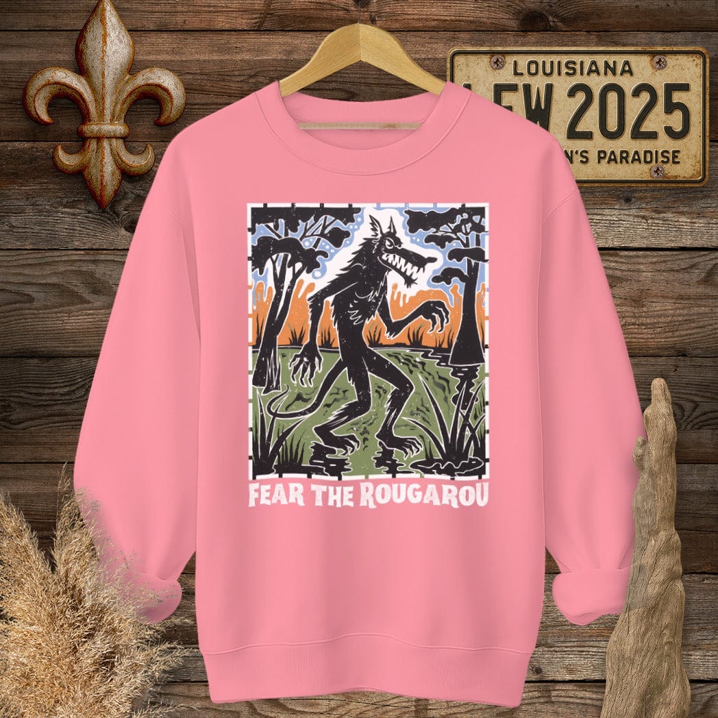 S / Safety Pink Louisiana Fear the Rougarou Louisiana Art Sweatshirt by Laissez Faire Wear
