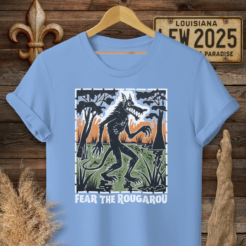 S / Carolina Blue Louisiana Fear the Rougarou Louisiana Art T-Shirt by Laissez Faire Wear