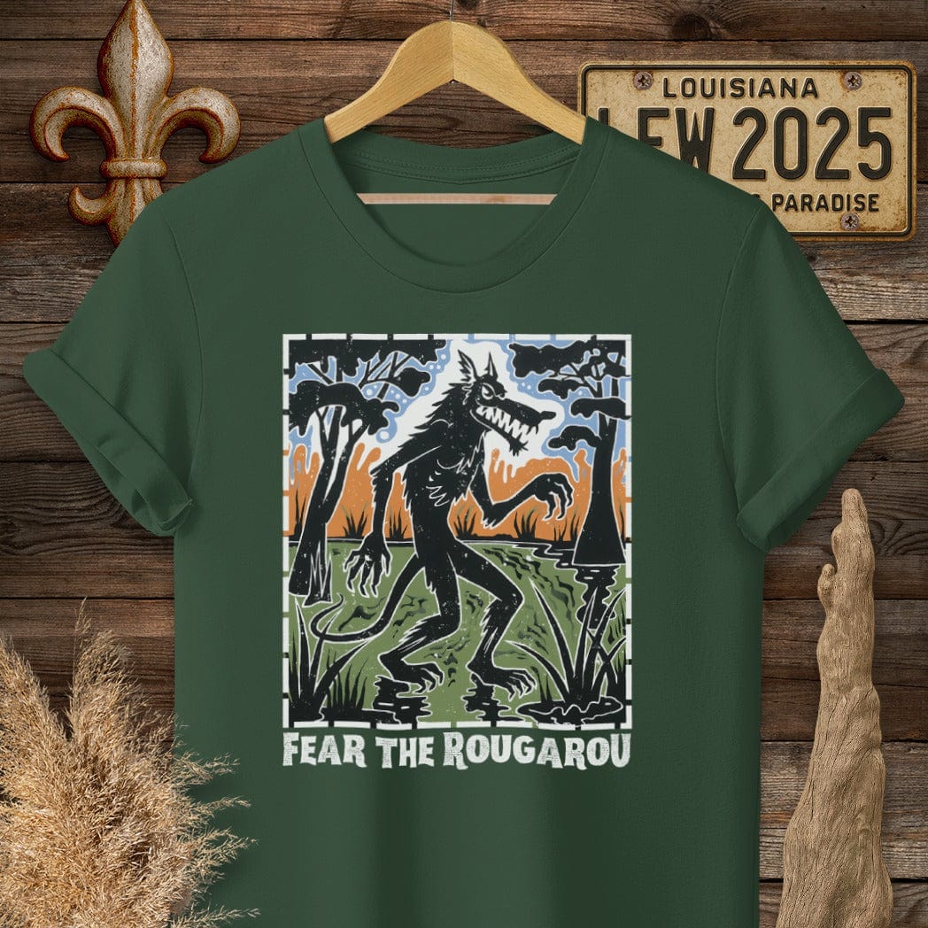 S / Forest Green Louisiana Fear the Rougarou Louisiana Art T-Shirt by Laissez Faire Wear