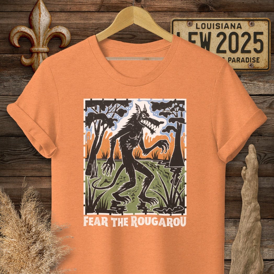 S / Heather Orange Louisiana Fear the Rougarou Louisiana Art T-Shirt by Laissez Faire Wear