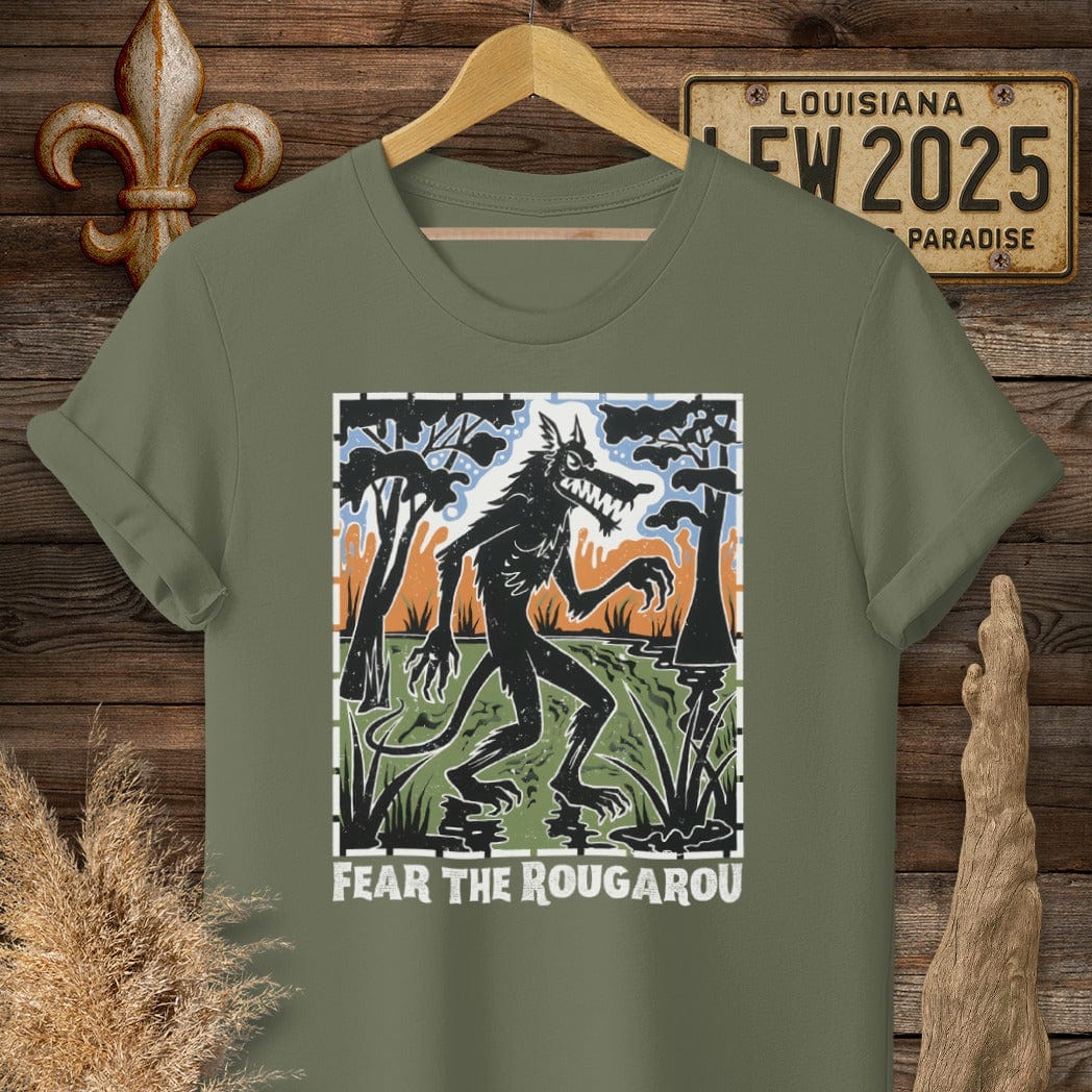 S / Military Green Louisiana Fear the Rougarou Louisiana Art T-Shirt by Laissez Faire Wear