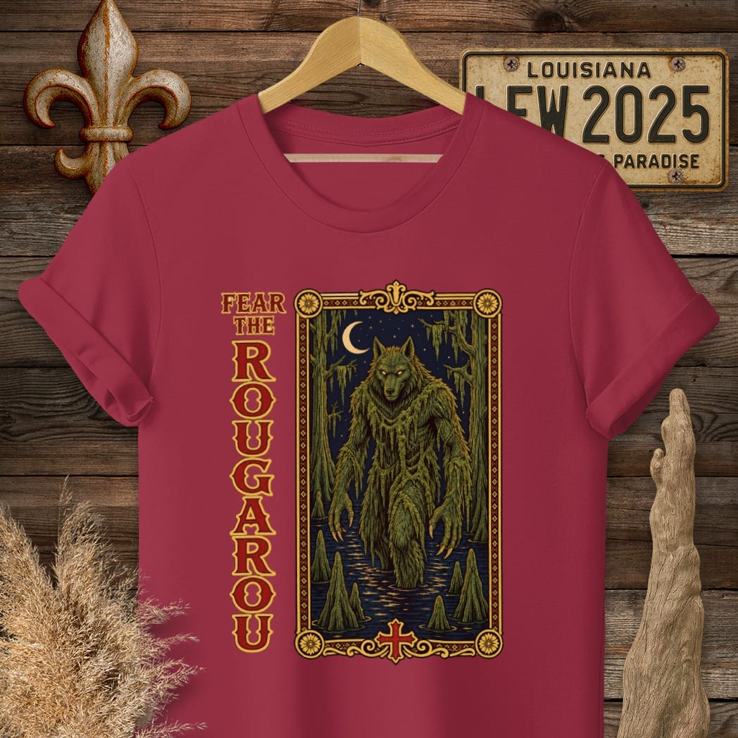 S / Cardinal Red Louisiana Fear the Rougarou Tarot T-Shirt by Laissez Faire Wear