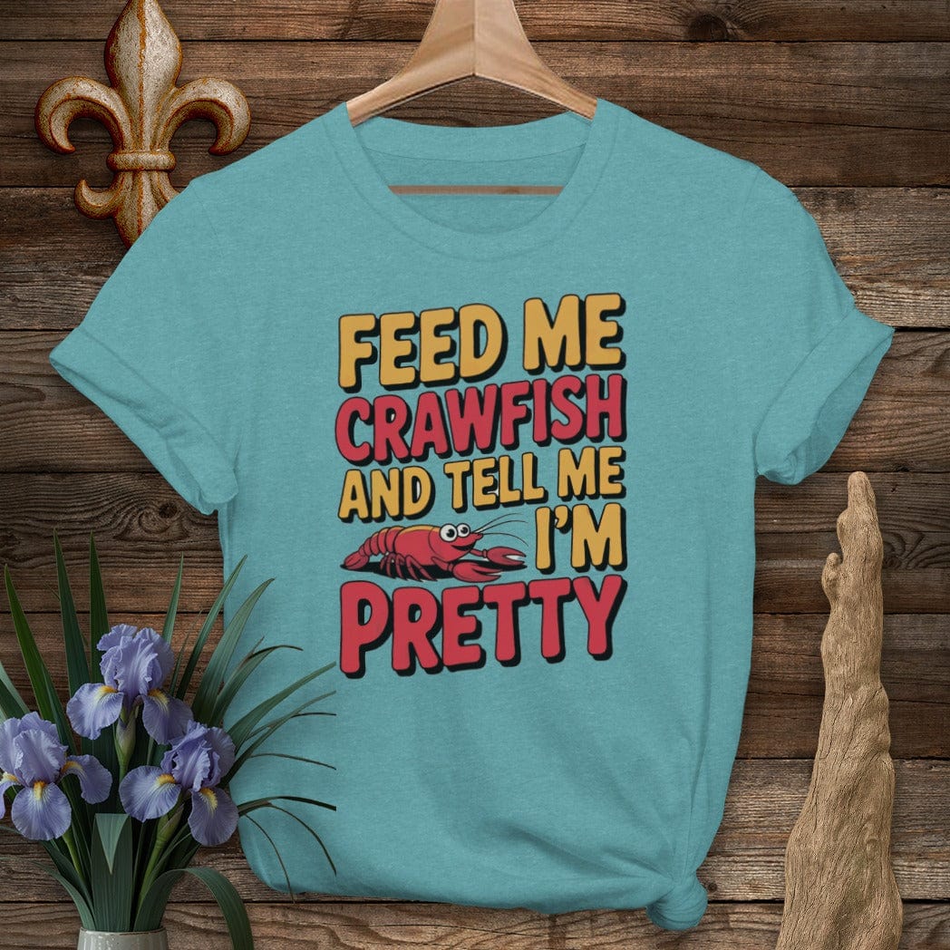 S / Heather Galapagos Blue Louisiana Feed Me Crawfish T-Shirt by Laissez Faire Wear