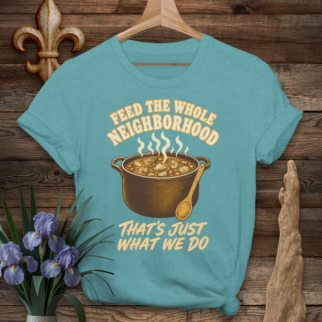 S / Heather Galapagos Blue Louisiana Feed the Neighborhood T-Shirt by Laissez Faire Wear