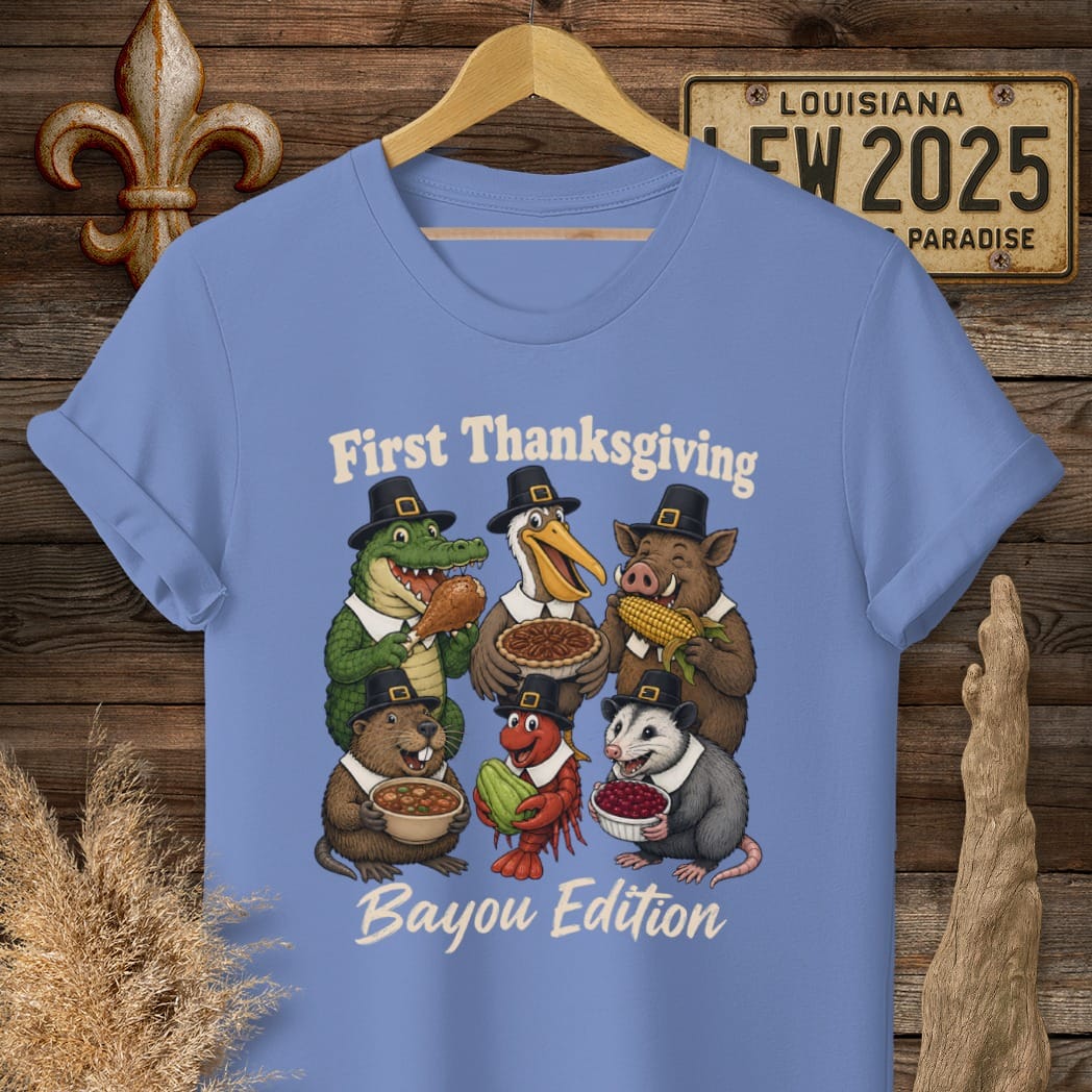 S / Iris Louisiana First Thanksgiving T-Shirt by Laissez Faire Wear
