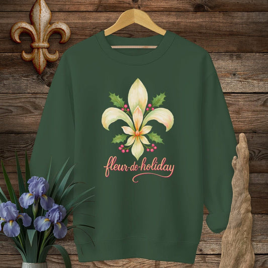 S / Forest Green Louisiana Fleur de Holiday Sweatshirt by Laissez Faire Wear