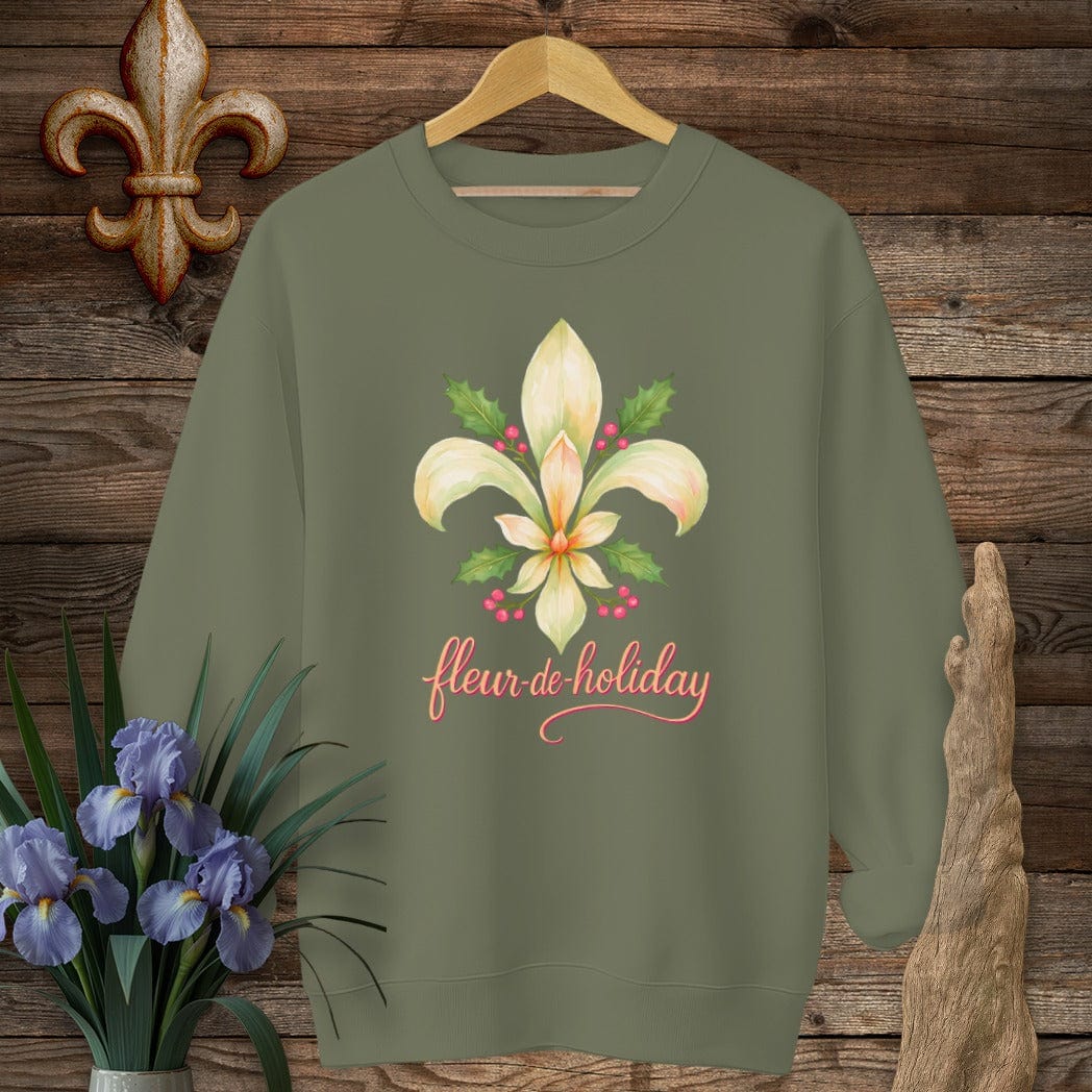 S / Military Green Louisiana Fleur de Holiday Sweatshirt by Laissez Faire Wear