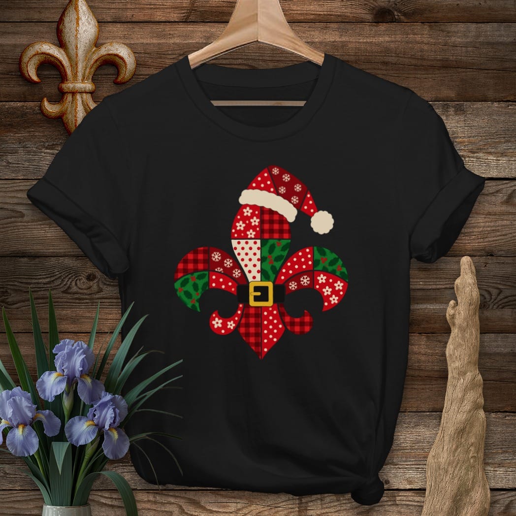 S / Black Louisiana Fleur Santa Patchwork T-Shirt by Laissez Faire Wear