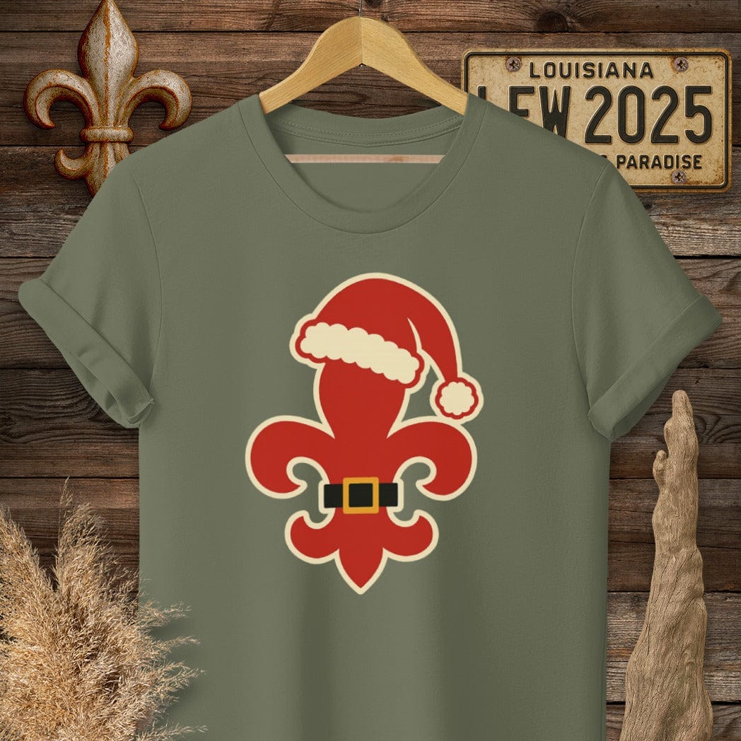 S / Military Green Louisiana Fleur Santa T-Shirt by Laissez Faire Wear