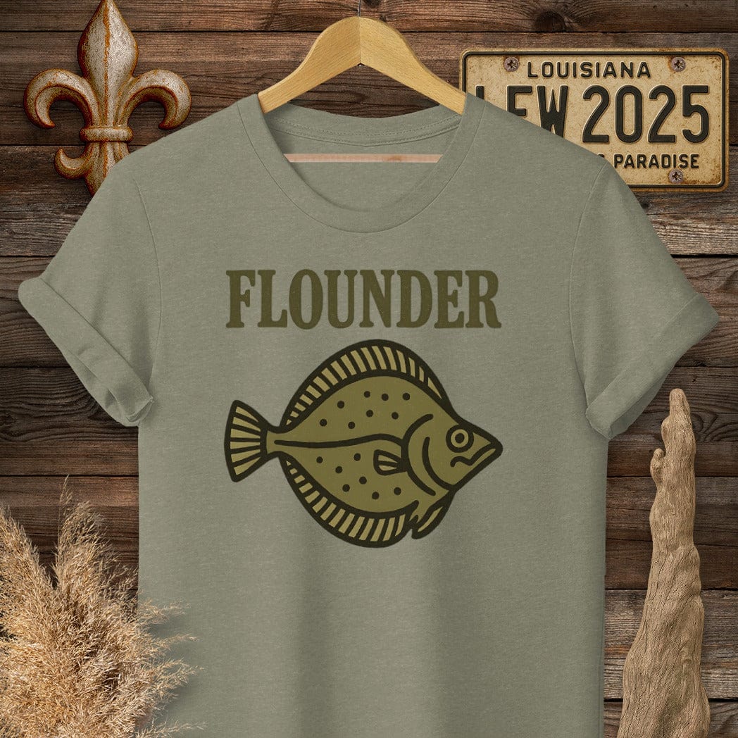 S / Heather Military Green Louisiana Flounder Minimalist T-Shirt by Laissez Faire Wear