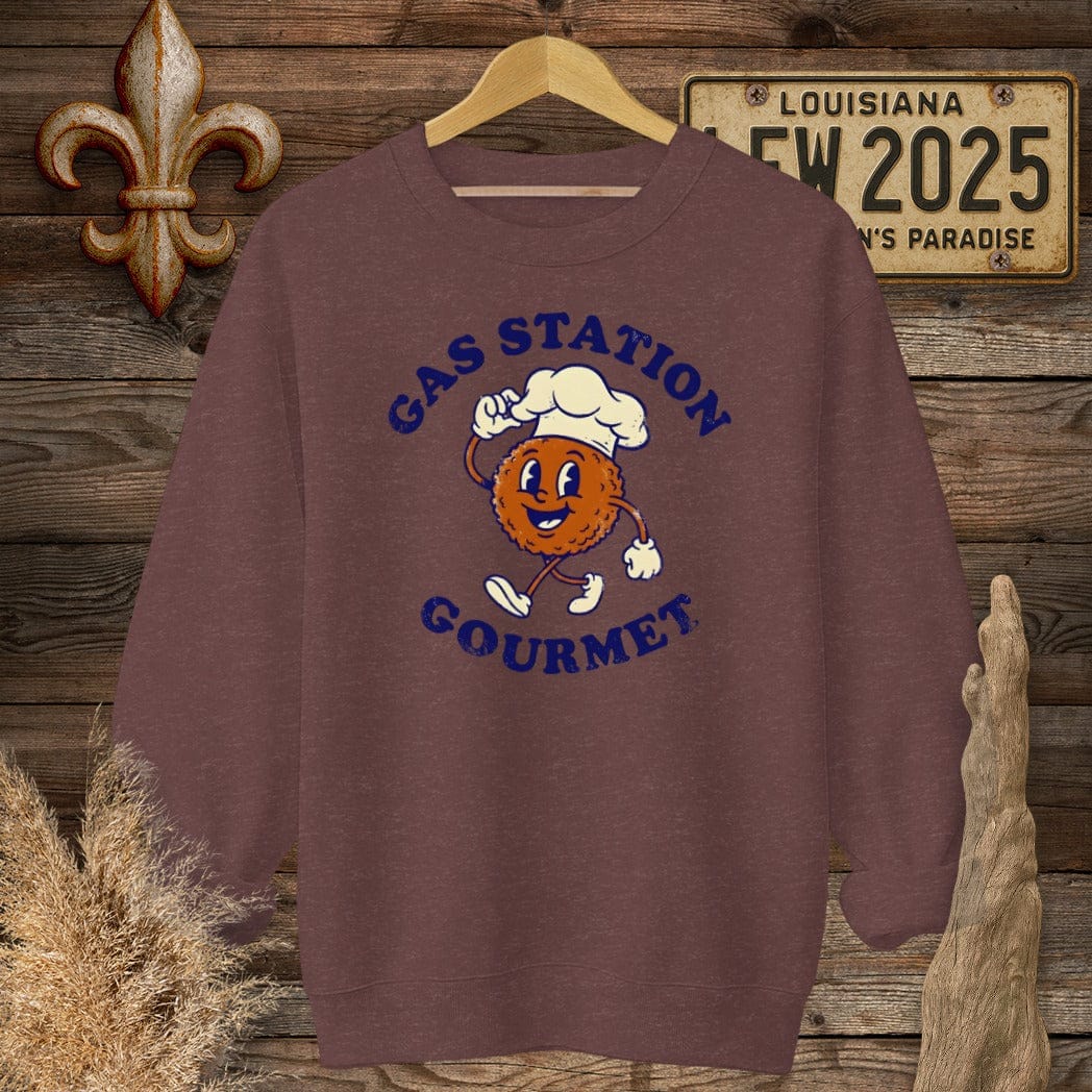 S / Heather Sport Dark Maroon Louisiana Gas Station Gourmet Sweatshirt by Laissez Faire Wear
