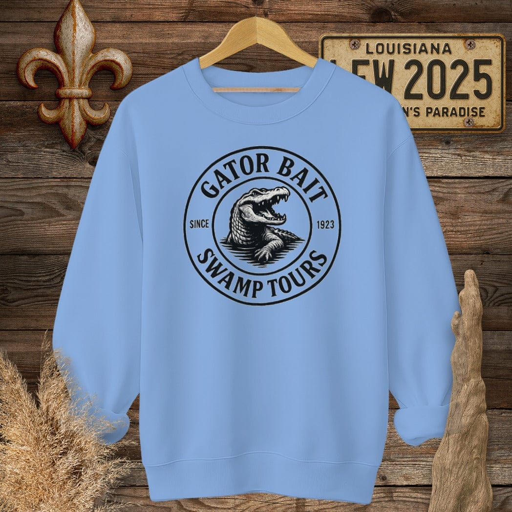 S / Carolina Blue Louisiana Gator Bait Swamp Tours Funny Logo Sweatshirt by Laissez Faire Wear