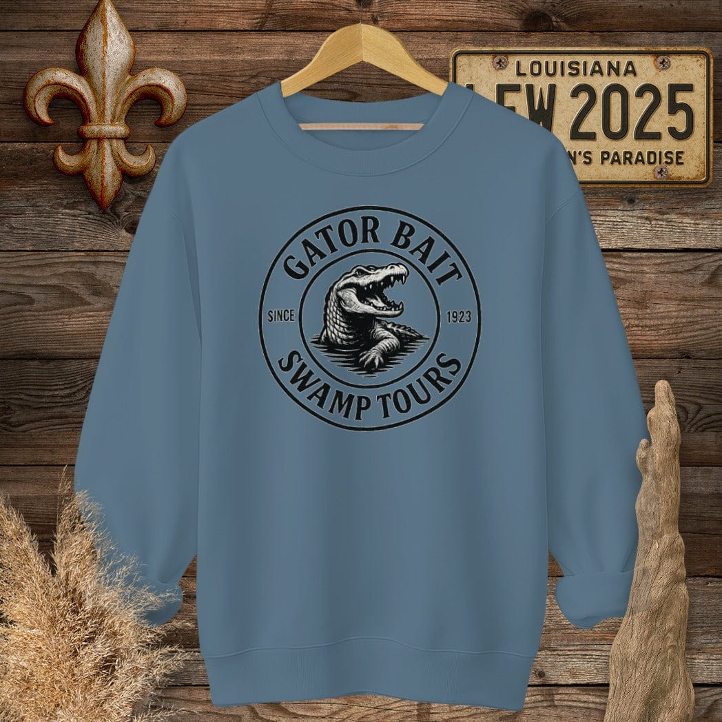 S / Indigo Blue Louisiana Gator Bait Swamp Tours Funny Logo Sweatshirt by Laissez Faire Wear
