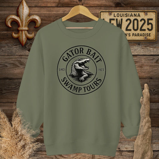 S / Military Green Louisiana Gator Bait Swamp Tours Funny Logo Sweatshirt by Laissez Faire Wear
