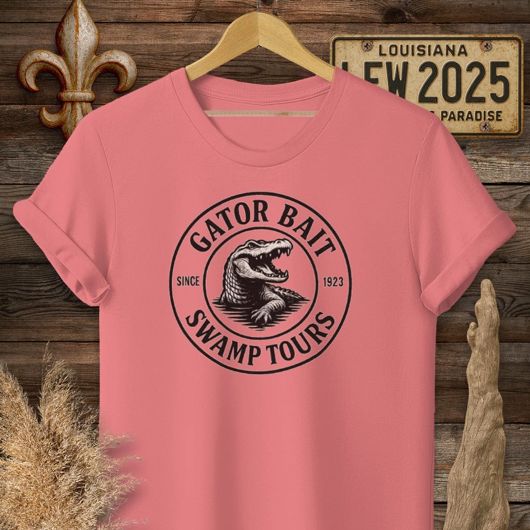 S / Coral Silk Louisiana Gator Bait Swamp Tours Funny Logo T-Shirt by Laissez Faire Wear