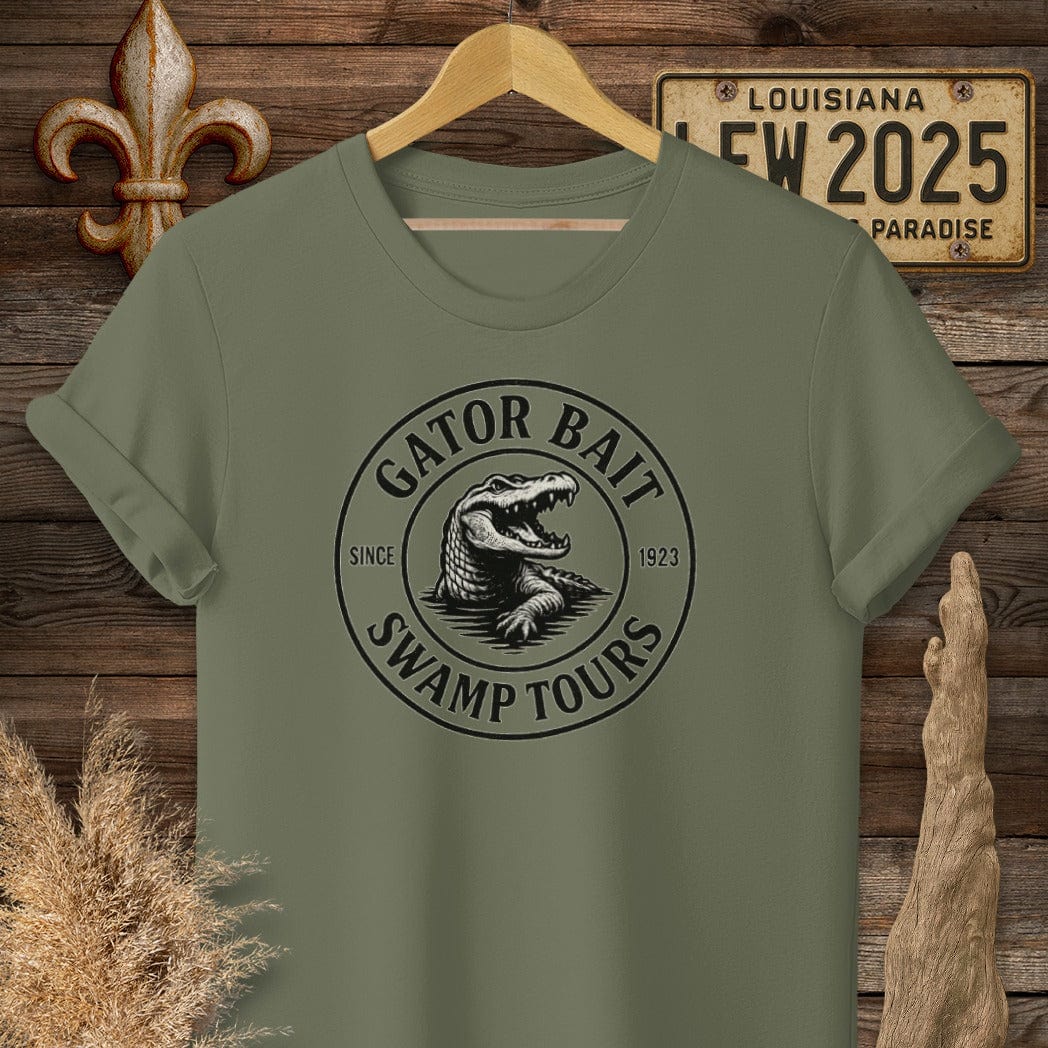 S / Military Green Louisiana Gator Bait Swamp Tours Funny Logo T-Shirt by Laissez Faire Wear