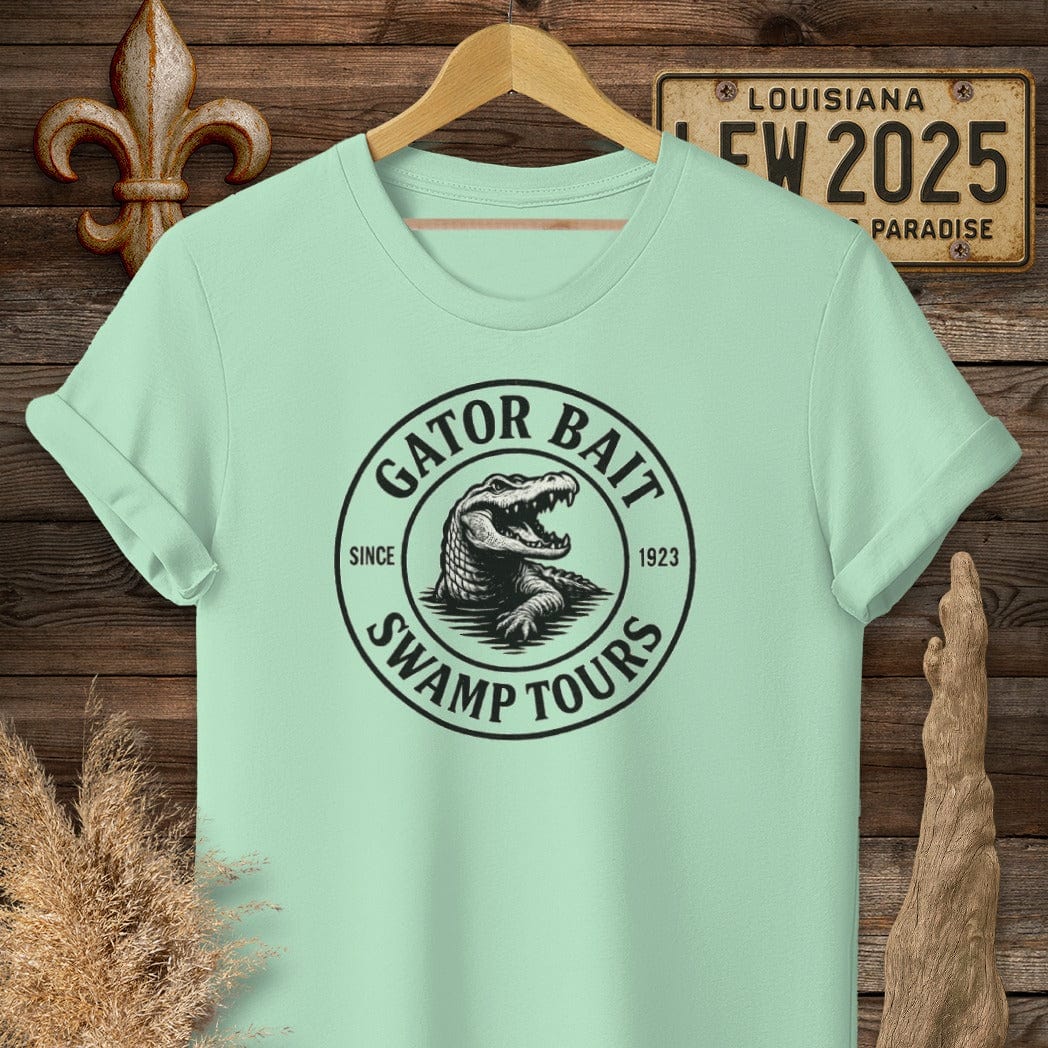 S / Mint Green Louisiana Gator Bait Swamp Tours Funny Logo T-Shirt by Laissez Faire Wear