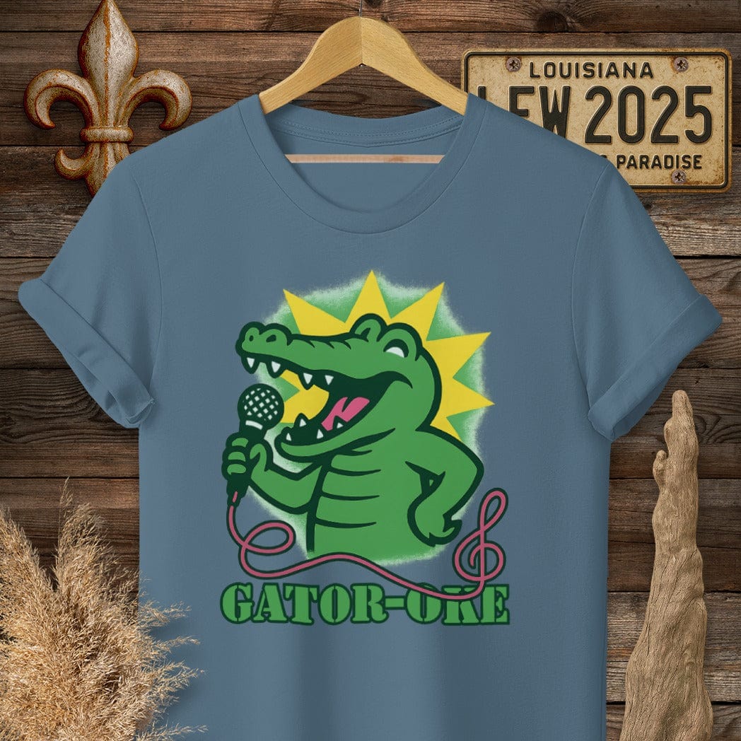 S / Indigo Blue Louisiana Gator-oke Funny T-Shirt by Laissez Faire Wear