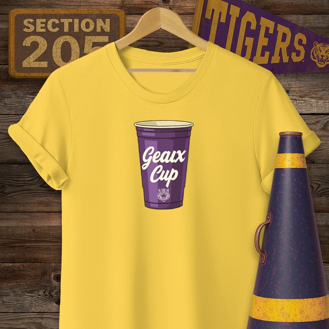 S / Daisy Louisiana Geaux Cup Game Day Novelty T-Shirt by Laissez Faire Wear