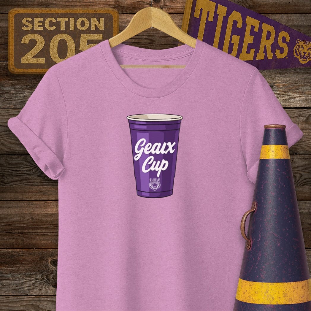 S / Heather Radiant Orchid Louisiana Geaux Cup Game Day Novelty T-Shirt by Laissez Faire Wear
