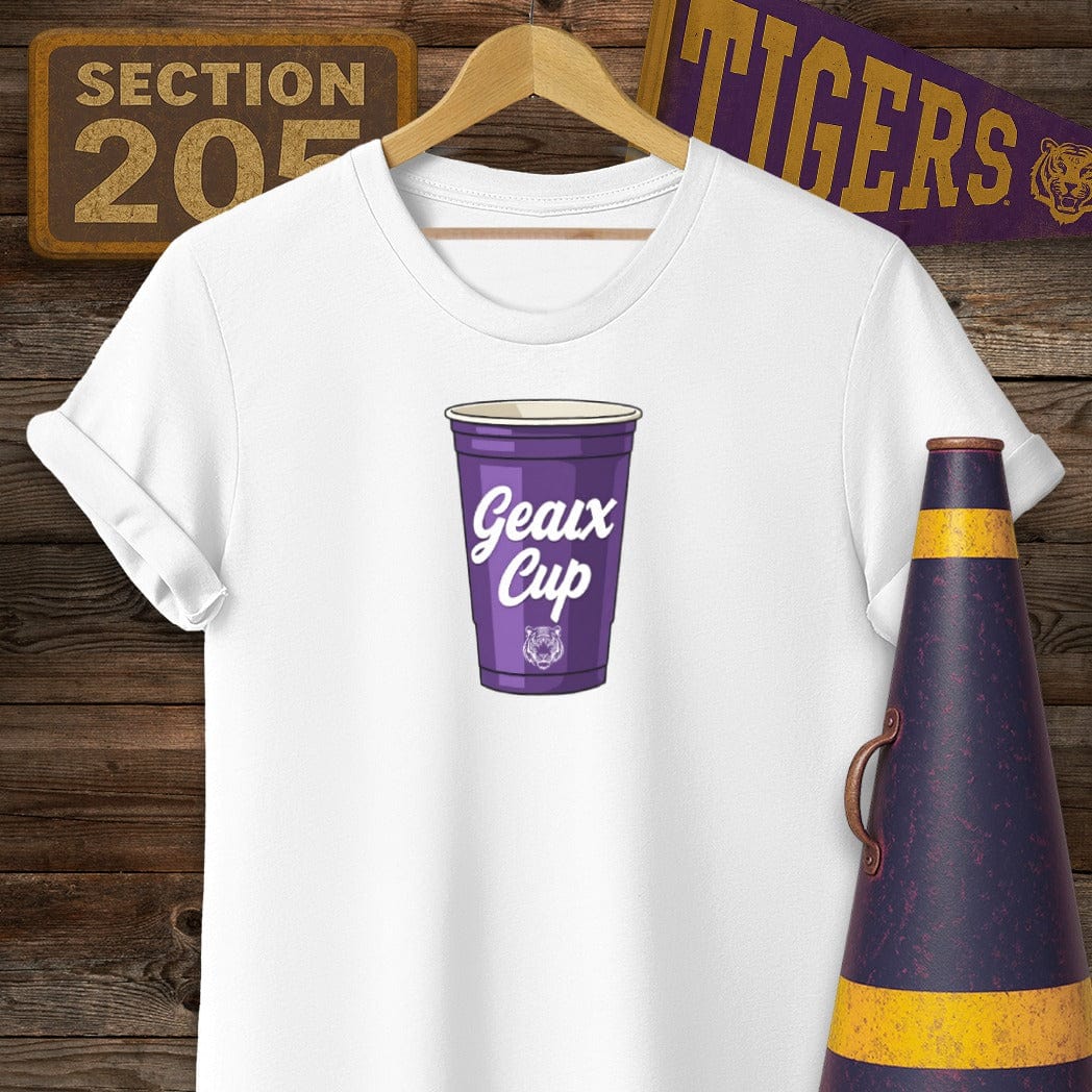 S / White Louisiana Geaux Cup Game Day Novelty T-Shirt by Laissez Faire Wear