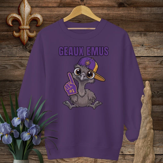 S / Purple Louisiana Geaux Emus Farm Sweatshirt by Laissez Faire Wear