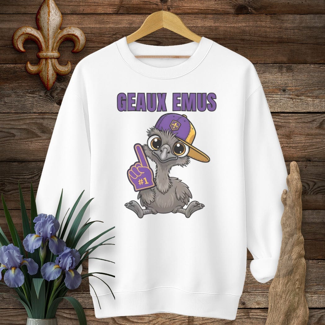 S / White Louisiana Geaux Emus Farm Sweatshirt by Laissez Faire Wear