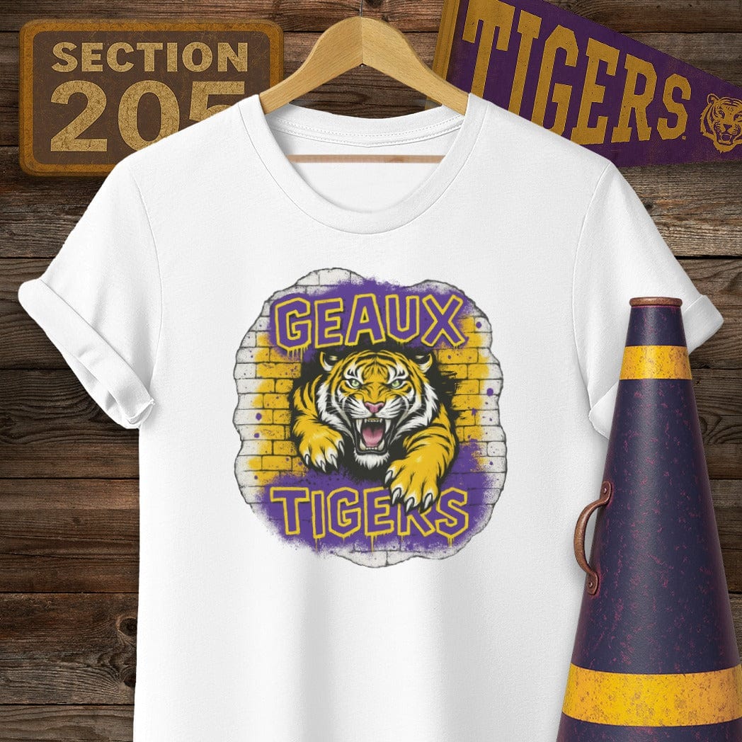 S / White Louisiana Geaux Tigers Graffiti Style Game Day T-Shirt by Laissez Faire Wear