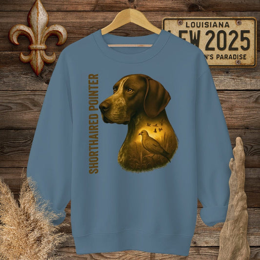 S / Indigo Blue Louisiana German Shorthaired Pointer Hunting Dog Sweatshirt by Laissez Faire Wear