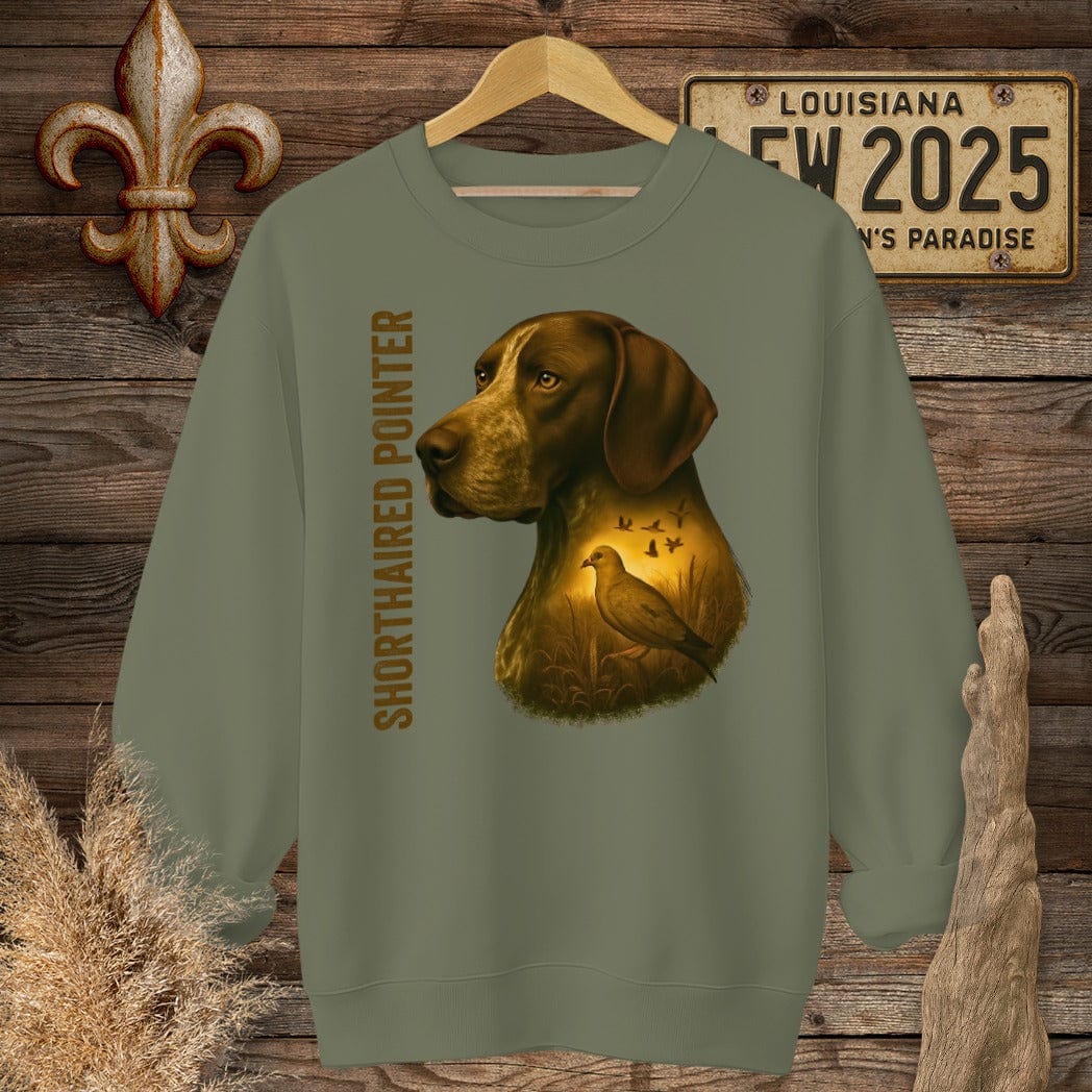 S / Military Green Louisiana German Shorthaired Pointer Hunting Dog Sweatshirt by Laissez Faire Wear