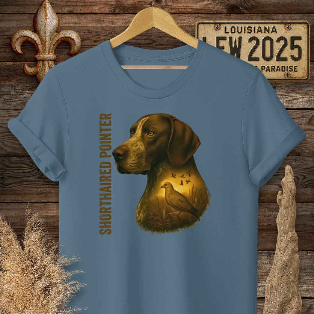 S / Indigo Blue Louisiana German Shorthaired Pointer Hunting Dog T-Shirt by Laissez Faire Wear