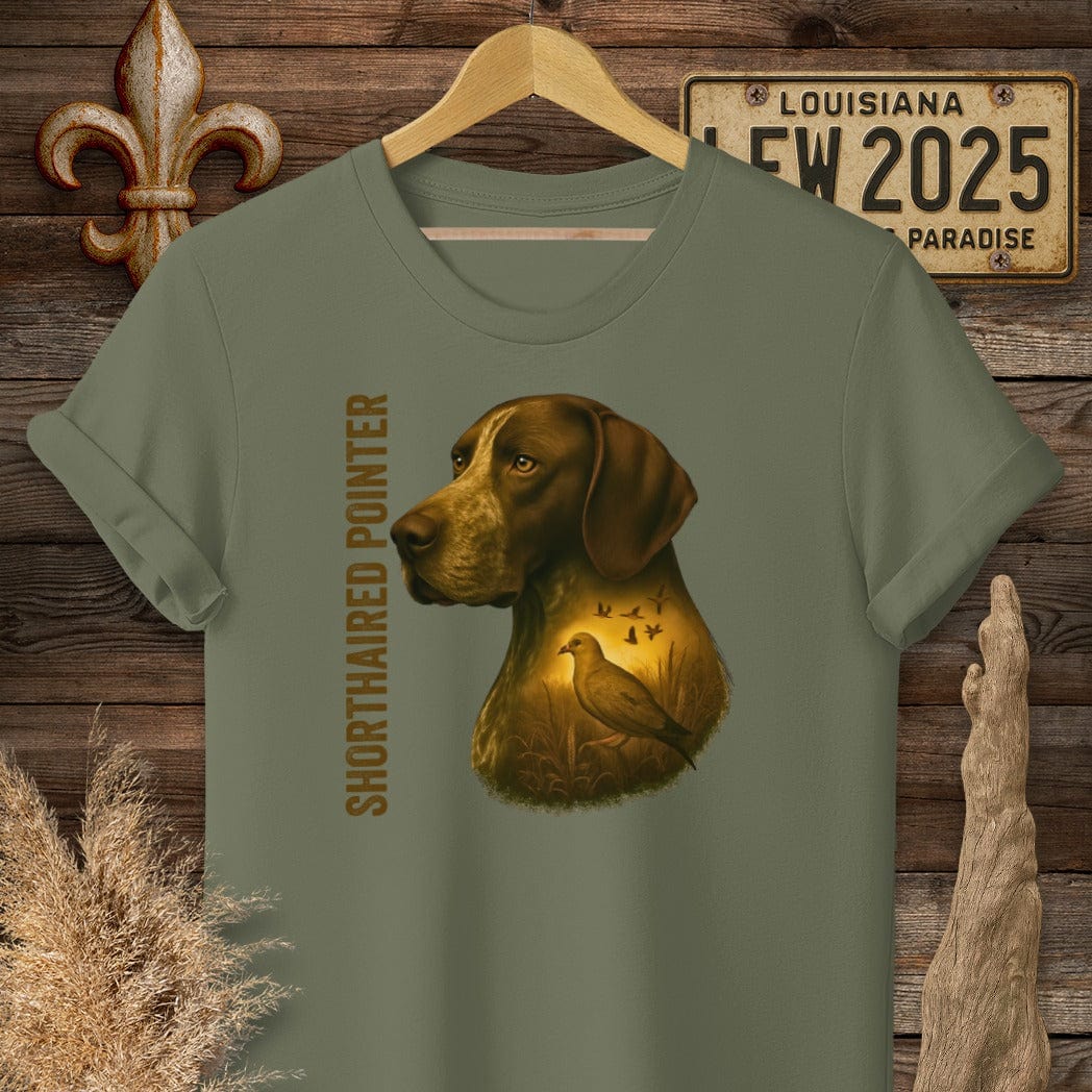 S / Military Green Louisiana German Shorthaired Pointer Hunting Dog T-Shirt by Laissez Faire Wear