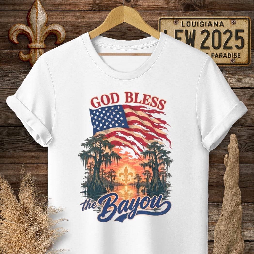 S / White Louisiana God Bless The Bayou T-Shirt by Laissez Faire Wear